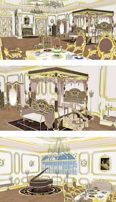 two views of a fancy bedroom with chandelier