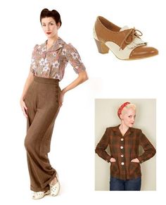 Love some wide-leg trousers! Vintage Fashion Outfits, 40s Outfits, 1940s Looks, 1940s Outfits, Vintage Retro Clothing, Estilo Pin Up, 1940s Style, Vintage Inspired Fashion, Vintage Girl