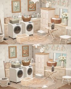 there are two pictures of the same room with washing machines and laundry baskets on the floor