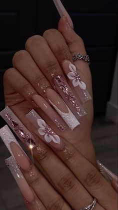 Nail For Quinceanera, Pink Quinceanera Nail Ideas, Glitter Freestyle Nails, Quince Nails Glitter, Flower On Acrylic Nails, Cute Nail Inspiration Acrylic, 21st Birthday Nails Coffin, Pink Quince Nails With Butterflies, Nail Designs Bday