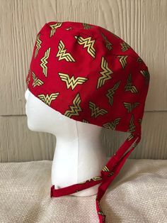 Wonder Woman Logos on Red Scrub Cap - Surgery Surgical OR Cap Hat by QuiltsByHayley on Etsy Bsn Photoshoot, Nurse Necessities, Surg Tech, Red Scrubs, Headband Men, Wonder Woman Logo, Surgical Scrub Hats, Surgical Hats, Red Tie