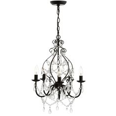 a black chandelier with crystal drops hanging from it's center and four arms