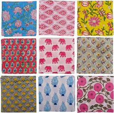 six different designs of cloths with flowers and elephants on them, all in various colors