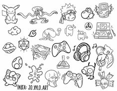 an image of various cartoon characters drawn in black and white