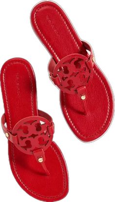 Luxury Leather Flip Flops With Single Toe Strap, Designer Leather Flip Flops For Beach, Designer Leather Flip Flops For The Beach, Luxury Leather Open Toe Flip Flops, Tan Leather Open Toe Flip Flops, Leather Flat Flip Flops, Designer Tan Sandals With Leather Lining, Tory Burch Miller Sandals, Tory Burch Miller