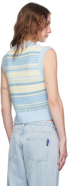 Knit stretch alpaca- and merino wool-blend vest. Stripes throughout. · Rib knit V-neck, hem, and armscyes · Logo embroidered at hem Supplier color: Skyway Ganni Sweater, Stripe Vest, 2025 Trends, Striped Vests, Pastel Stripes, Fashion Buyer, Yellow Knit, Wool Vest, Outerwear Vest