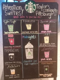 a chalkboard sign with drinks and their names on it that says attention, swifties, taylor's, which drink is your favorite?