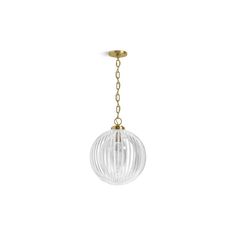 a small glass ball hanging from a brass plated ceiling fixture with a chain attached to it