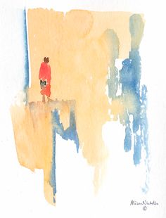 a watercolor painting of a person standing on a ledge