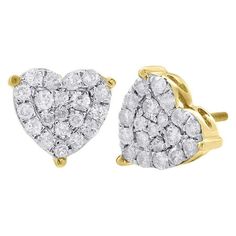 Stunning pair of studs added to our Jewelry For Less collection. These earrings are expertly crafted in 10K yellow gold in a heart cluster center with round diamonds and 3 prongs around the edges. Radiant with 0.75 ct. total weight of diamonds. These particular studs consist of genuine round cut diamonds in a shared prong setting and buffed to a brilliant bright shine. Screw-backs for secure wear, these earrings will make a great gift for any occasion. Perfect size, these studs are 9.75mm in len Box Bracelets, Gucci Bracelet, 10k Gold Chain, Engraved Bar Necklace, Diamond Earrings Studs Round, Cable Bracelets, Gold Anklet, Heart Frame, 18k Gold Jewelry