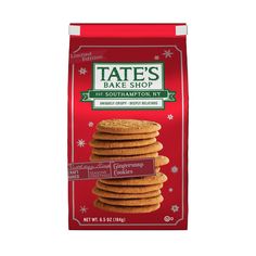 tate's chocolate chip cookies are stacked on top of each other in a red bag