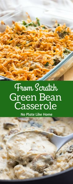 green bean casserole in a white dish with a serving spoon on the side and text overlay that reads from south green bean casserole