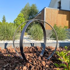 two metal rings sitting on top of leaves in front of a building and bushes behind them