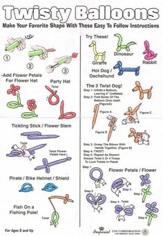 the instructions for how to make twisty balloons are shown in this drawing lesson book