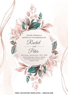 an elegant wedding card with flowers and leaves on the front, in pink tones is shown