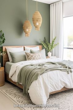 #girlsroom #bedroomideas #dormdecor #bohobedroom #bohochic #homedecortips Simple Bedroom Remodel, Boho Bedroom With Green Bedding, Earthy Rooms Aesthetic, Neutral Bedroom Earth Tones, Natural Tone Bedroom Ideas, Green Wall Black Bed, Sage Sheets Bedroom, Green Toned Bedroom, Green Guest Room Ideas