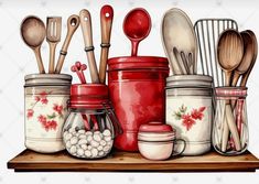 a painting of kitchen utensils and spoons