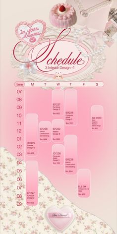 a pink and white calendar with hearts on it