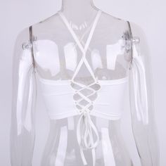 FREE SHIPPING White Lace Up Halter Sexy Crop Tops JKP1832 White Backless Crop Top With Built-in Bra, Fitted Strappy Crop Top For Club, Fitted Strappy Halter Top For Club, White Club Top With Built-in Bra, Fitted Strappy Top For Club, Backless Strapped Crop Top For Club, Backless Strap Crop Top For Club, Backless Crop Top With Straps For Club, Fitted Tops With Straps For Club