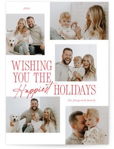 a holiday card with photos of people and their pets, including the words wishing you the happy holidays