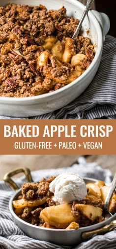 an apple crisp is served in a bowl with ice cream