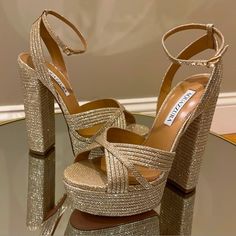 Aquazzura Sundance 140 Glitter Platform Heeled Sandals Sz 40 Absolutely Gorgeous Super Sparkly New In Original Box And Dustbag Us Size 10 There Is A Minor Issue - Tiny Dark Spot On The Both Shoe ( Top Heel) Absolutely Not Noticeable When Wearing Them, You Can See It Only If You Look Closely Nude Platform Sandals, Glitter Platform Heels, Velvet Sandals, Aquazzura Shoes, Us Size 10, Platform Sandals Heels, Cream And Gold, Metallic Leather, Heeled Sandals