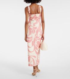 Belletto printed linen midi dress in pink - SIR | Mytheresa Chic Linen Floral Print Dress, Summer Linen Midi Dress With Floral Print, Floral Print Linen Midi Dress, Brunch Floral Print Linen Midi Dress, Feminine Linen Midi Dress For Vacation, Vacation Linen Dress With Floral Print, Vacation Linen Dresses With Floral Print, Floral Linen Dress For Vacation, Fitted Linen Midi Dress With Floral Print