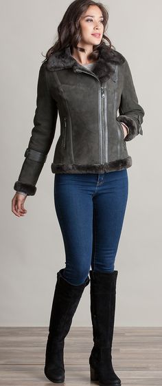 This asymmetrical zip front bomber is as much about style as warmth. Pilot Jacket, Grey Suede, Gray Suede, Shearling Jacket, Leather Jackets, Warm Winter, Beautiful Outfits, Leather Boots, Style Me