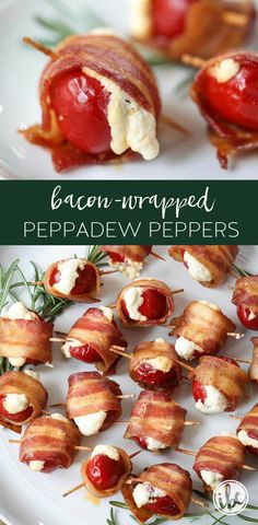 bacon wrapped pepperoni peppers on a white plate