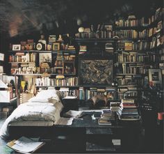 a room filled with lots of books and furniture next to a wall covered in pictures