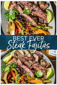 steak fajitas with peppers and limes on the side