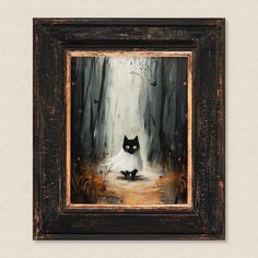 a painting of a cat sitting in the middle of a forest