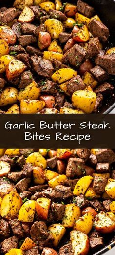 garlic butter steak bites recipe in a skillet