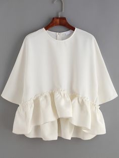 joefsf Ruffle Blouse Designs, Dip Hem Blouse, Áo Blu, Hem Blouse, Blouse Online, Neck Ruffle, White Blouse, White Shop