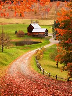 an autumn scene with a country road leading to a barn