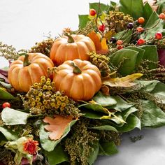 a bunch of pumpkins sitting on top of green leaves