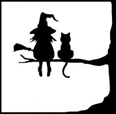 a black and white silhouette of a witch sitting on a branch with her cat