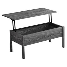 a wooden table with an open drawer on the bottom and one shelf below it that is attached to a metal frame