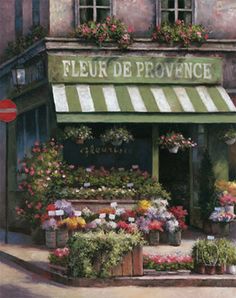 a painting of a flower shop with flowers outside