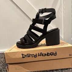 Chunky Strappy Sandals. Size & Run Large Casual Strappy Synthetic Heels, Casual Strappy Heels With Buckle Closure, Casual Strappy Heels With Stacked Heel, Strap Sandals Flat, Dirty Laundry Shoes, Feather Sandals, Nice Sandals, Chunky Shoes, Chunky Sandals