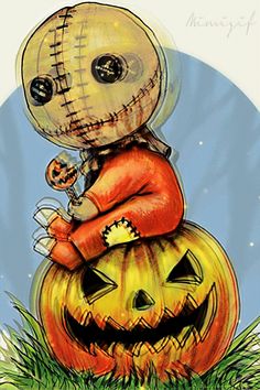 a drawing of a skeleton sitting on top of a pumpkin