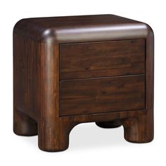 a wooden night stand with two drawers on one side and an open drawer on the other