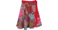 A cool summer skirt with a wrap that fits with a forever-bohemian style wrap around waist and a slight feminine flair, this is a multicolored skirt with red, orange and blue being the prominent shades. The skirt is made up of assorted floral printed square cut patches, giving it a free-spirited gypsy look. Fabrics of various colors are used to make this skirt an exciting item of clothing to wear, in which you feel alive and fun. Pair it with a simple solid top and some jewelry, and complete your Red Hippie Skirt For Summer, Summer Bohemian Asymmetrical Wrap Skirt, Bohemian Asymmetrical Wrap Skirt For Summer, Bohemian Summer Wrap Skirt With Lining, Bohemian Summer Lined Wrap Skirt, Hippie Summer Wrap Skirt, Red Bohemian Wrap Skirt For Summer, Hippie Mini Wrap Skirt For Summer, Red Hippie Skirt For Vacation