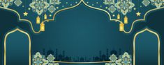 an ornate blue and gold background with arabic ornames, stars and mosque silhouettes