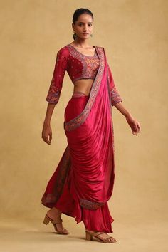 Pink pant saree in a draped silhouette. Comes with a blouse featuring thread floral embroidery with crystal embellishments and a dupatta. - Aza Fashions Pant Saree, Pink Pant, Dhoti Saree, Drape Pants, Pink Thread, Ritu Kumar, Women Floral Blouse, Drape Saree, Pink Pants