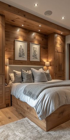 a large bed sitting inside of a bedroom on top of a hard wood flooring