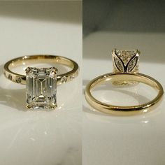 two different views of an engagement ring and wedding band, one with a princess cut diamond