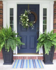 the front door is painted blue and has two planters with plants in them on it