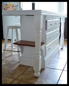 a kitchen island with two stools next to it