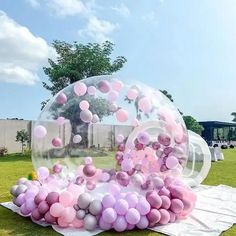 an inflatable bubble filled with pink and purple balloons on top of a grass covered field